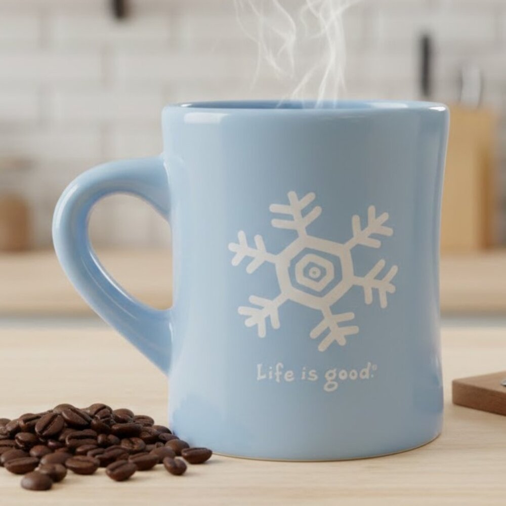 Life is Good Coffee Mug Winter Snowflake‎ Diner Style Powder Blue Ceramic Cup